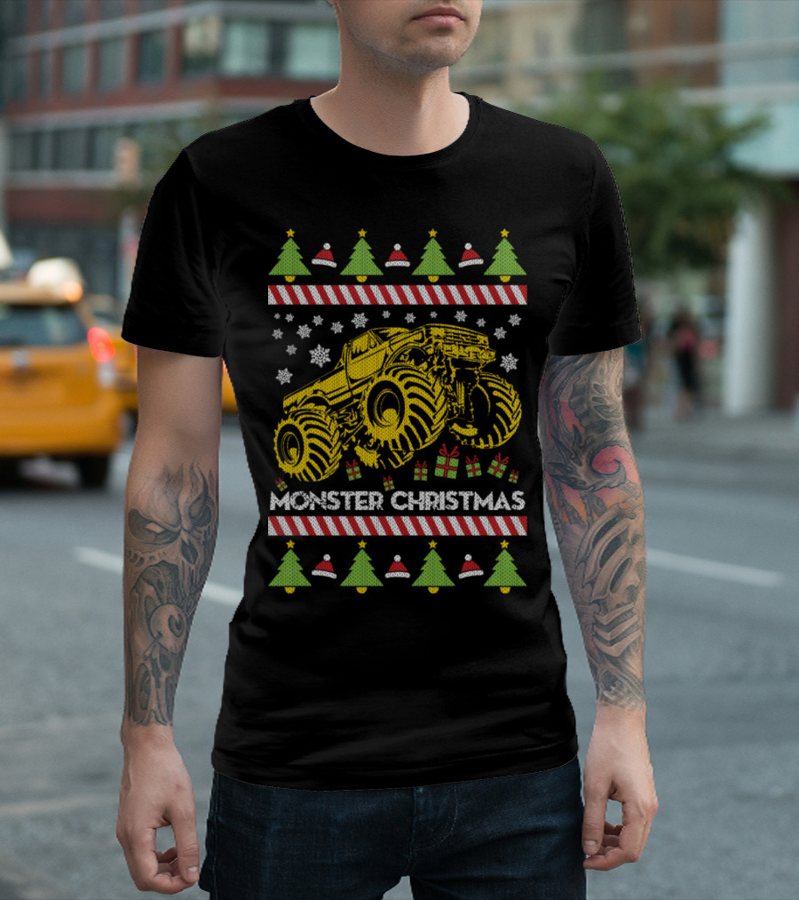 Monster Christmas Truck Ugly Sweater Style Holiday T-Shirt