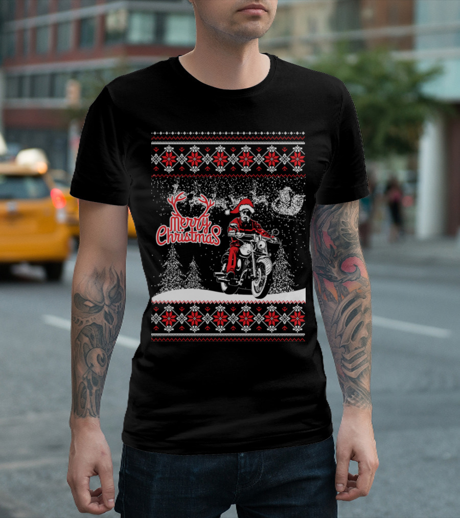 Merry Christmas Santa Motorcycle Snowflakes Nordic Knit T-Shirt