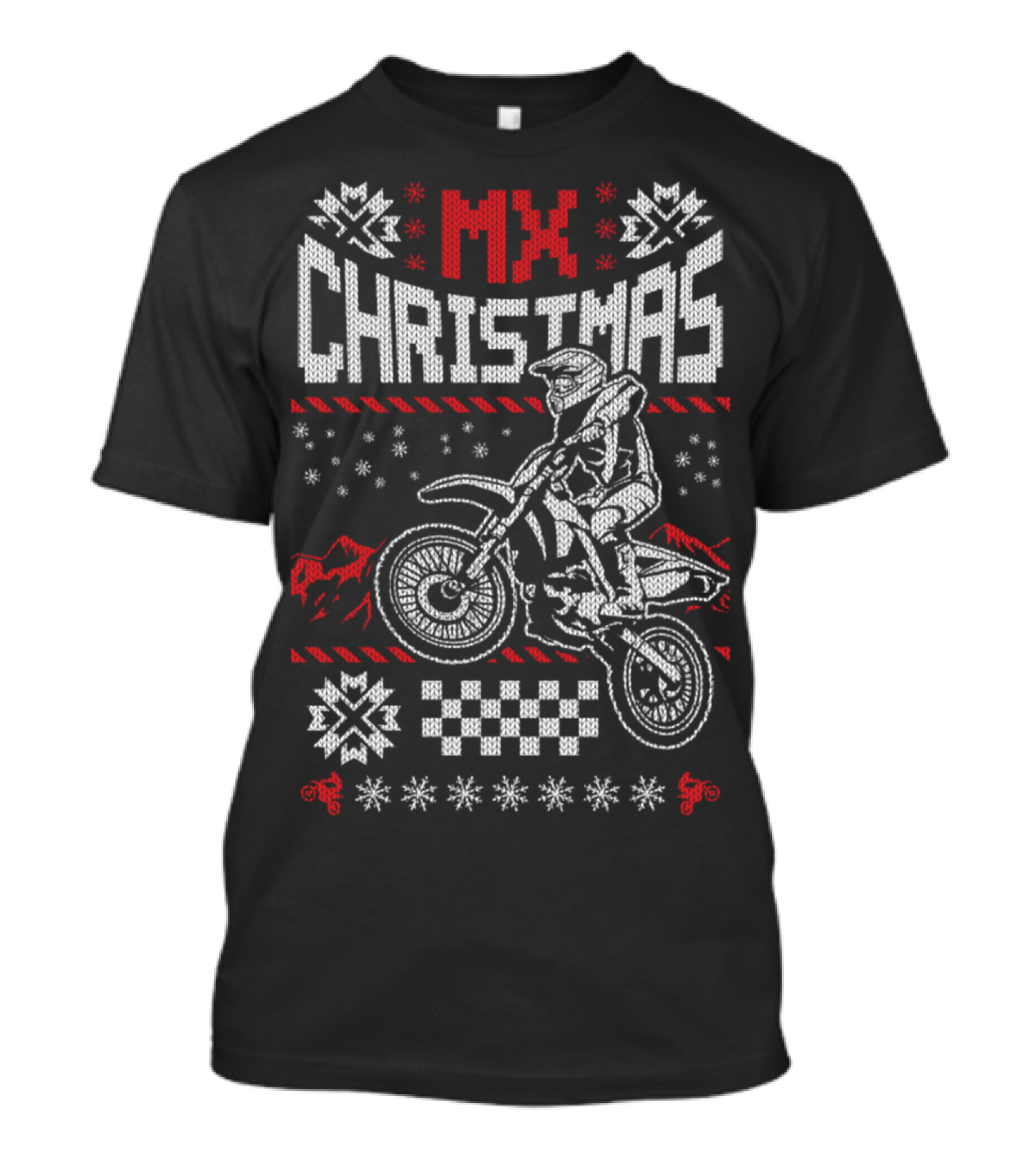 MX Christmas Motorcycle Motocross Sweater Style Snowflakes Checkerboard T-Shirt