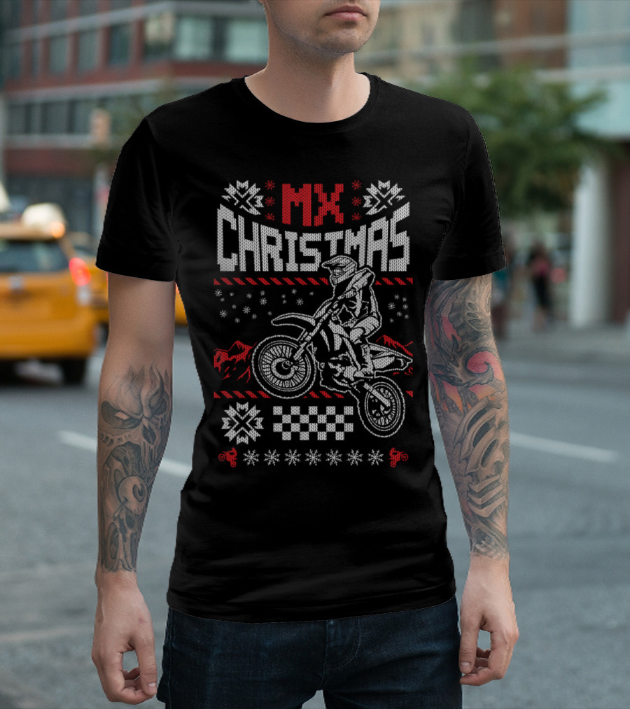 MX Christmas Motorcycle Motocross Sweater Style Snowflakes Checkerboard T-Shirt