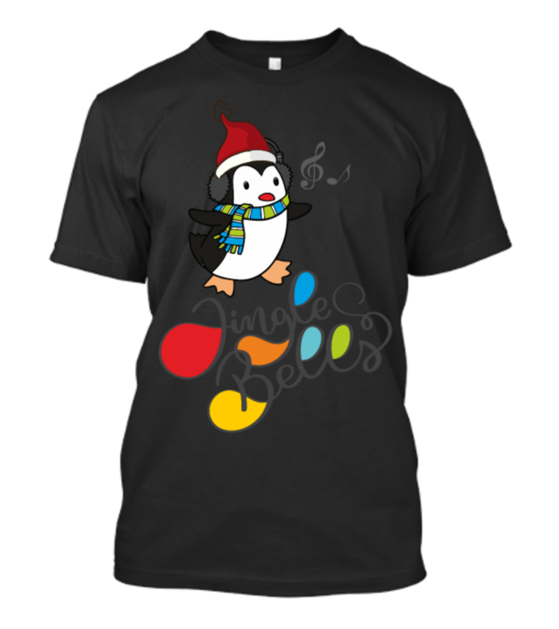 Jingle Bells Music Penguin Wearing Santa Hat And Scarf T-Shirt