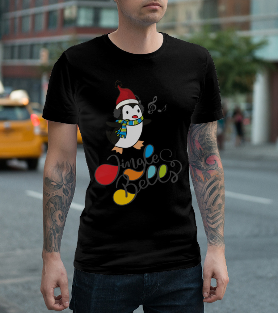 Jingle Bells Music Penguin Wearing Santa Hat And Scarf T-Shirt
