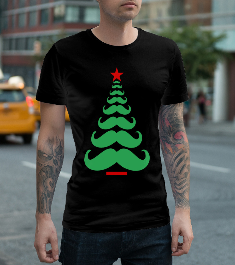 Christmas Tree Made of Mustaches with Red Star Topper T-Shirt