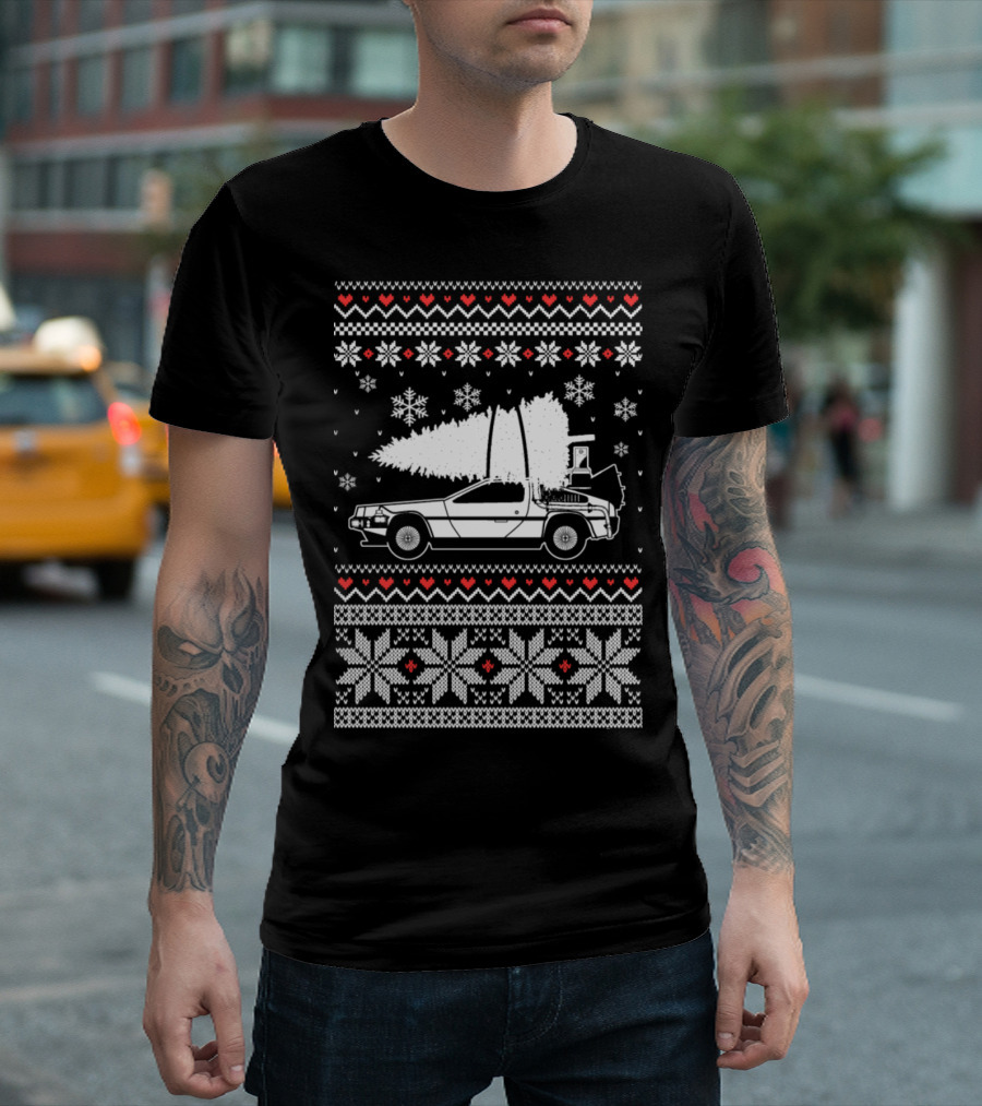 Delorean Christmas Sweater with Car and Tree T-Shirt