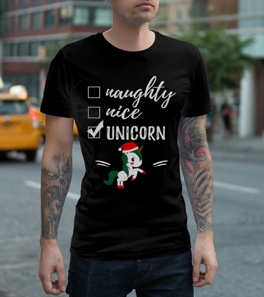 Naughty Nice Unicorn Santa Hat Christmas Checklist T-Shirt