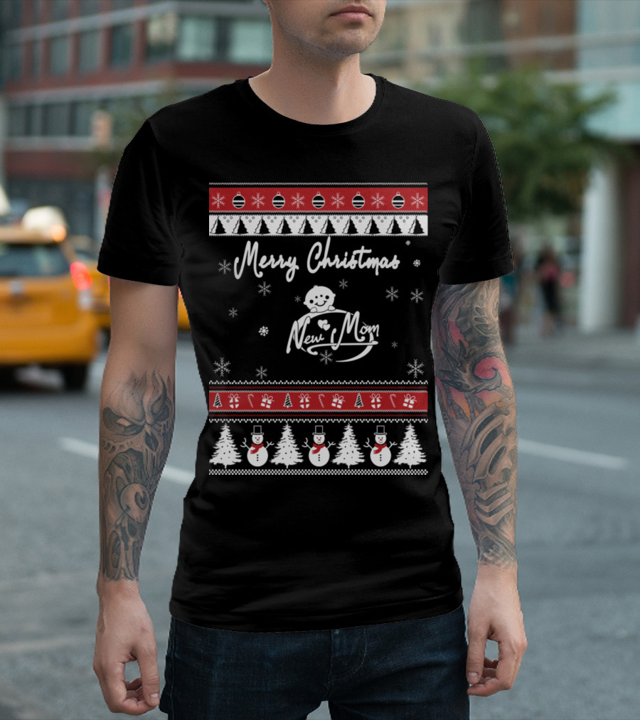 Merry Christmas New Mom Snowman Trees Ornaments Snowflakes T-Shirt