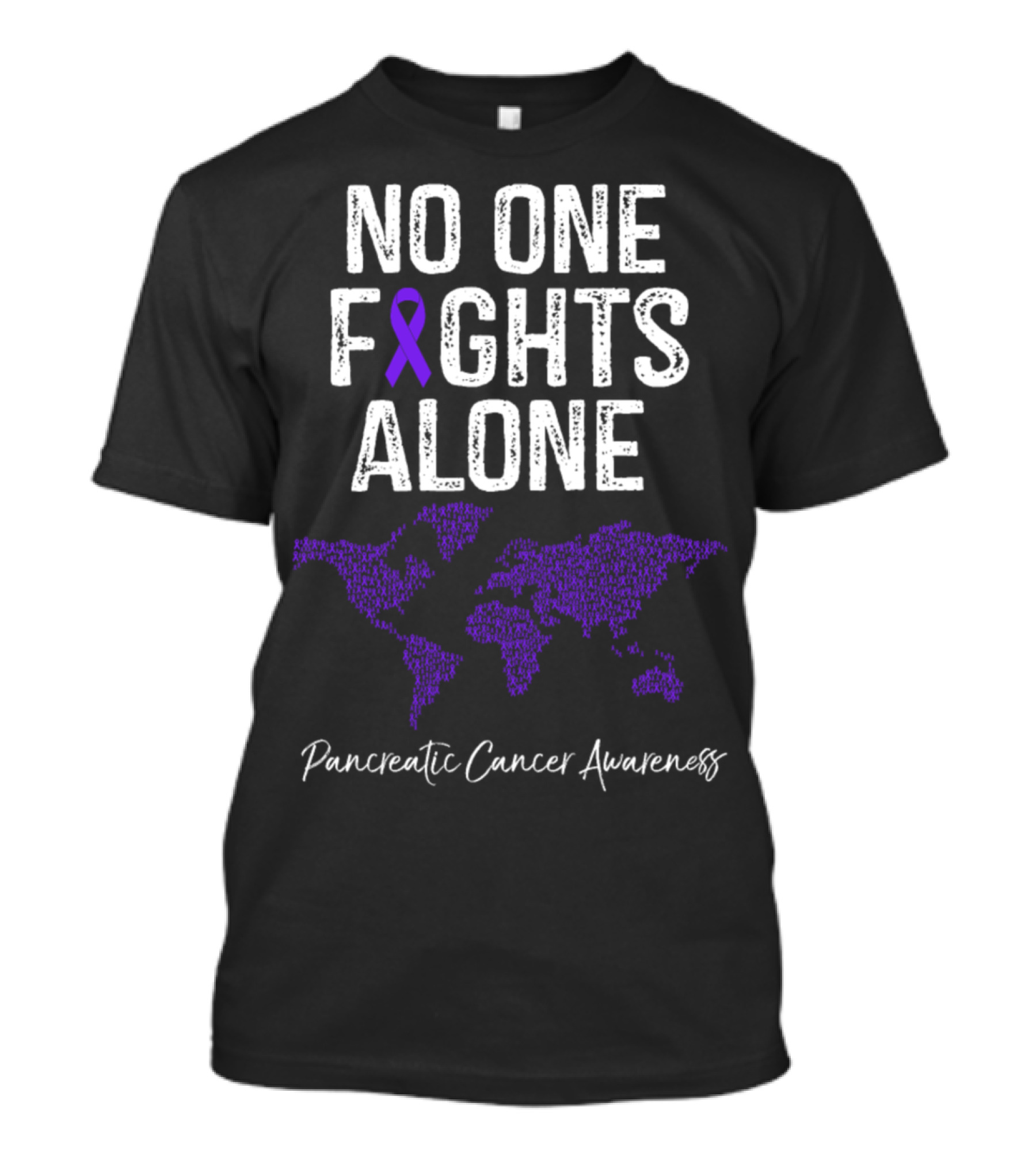 No One Fights Alone Pancreatic Cancer Awareness Purple Ribbon World Map T-Shirt