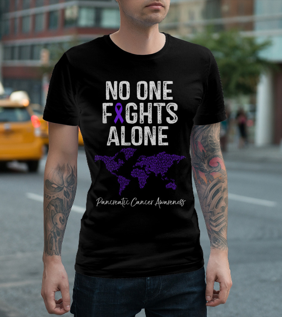 No One Fights Alone Pancreatic Cancer Awareness Purple Ribbon World Map T-Shirt