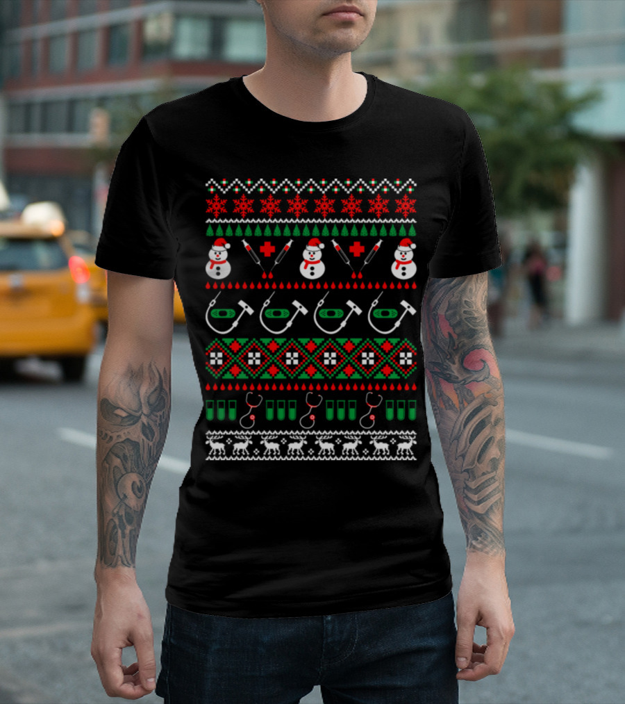 Nurse Doctor Medical Assistant Christmas Ugly Sweater Style Stethoscope Syringe Snowman T-Shirt