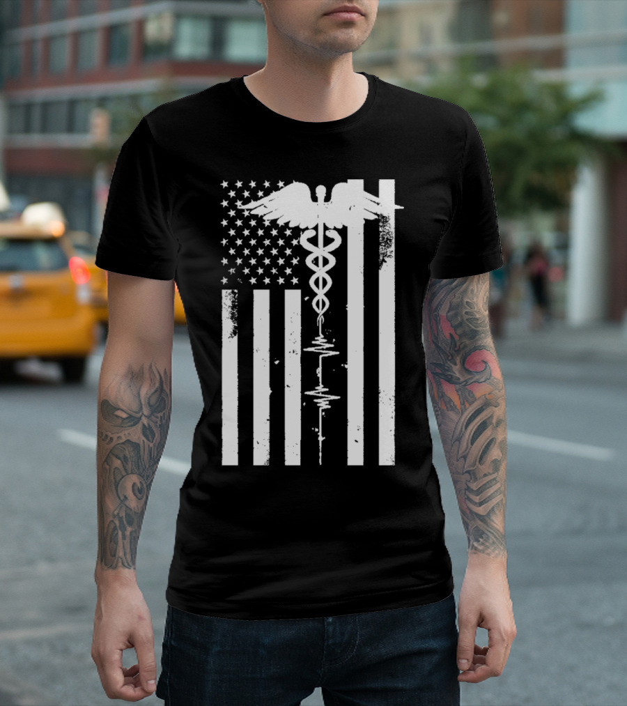 Patriot Nurse Caduceus Thin Red Line Distressed US Flag T-Shirt