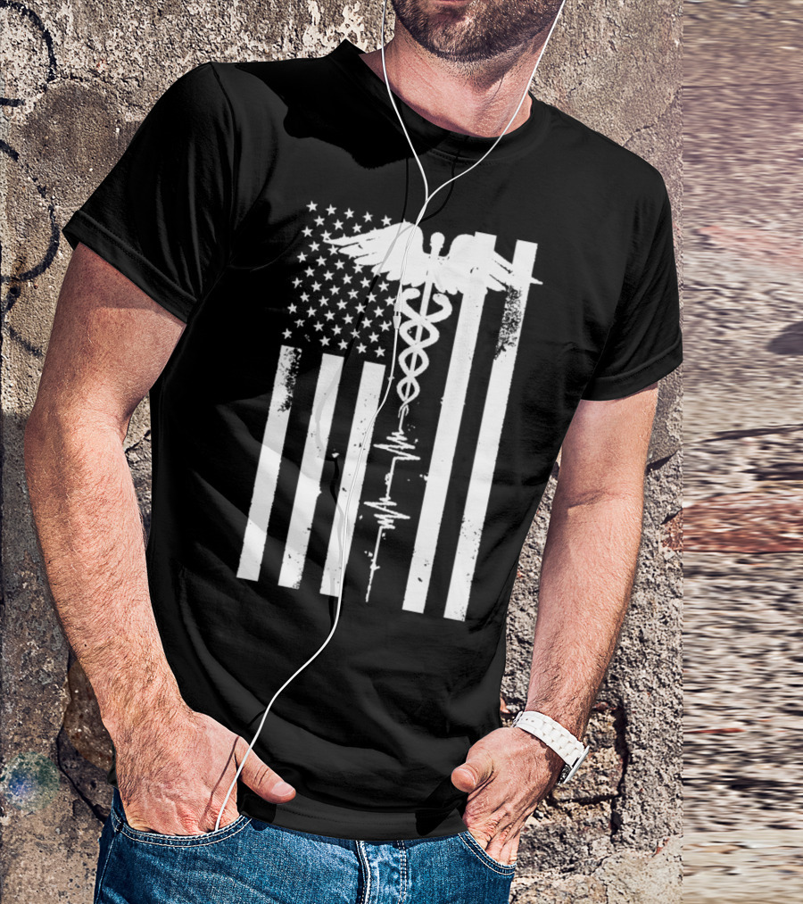Patriot Nurse Caduceus Thin Red Line Distressed US Flag T-Shirt