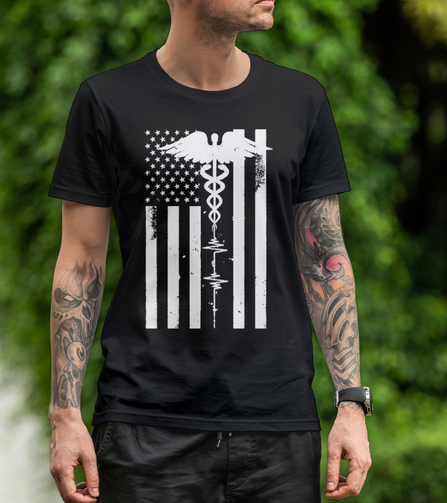 Patriot Nurse Caduceus Thin Red Line Distressed US Flag T-Shirt