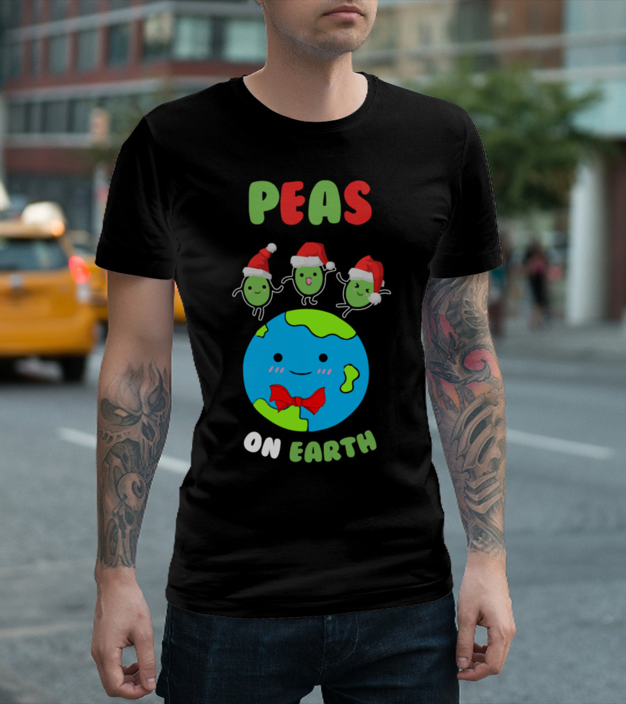 PEAS ON EARTH Christmas Festive Green Globe Santa Hats T-Shirt