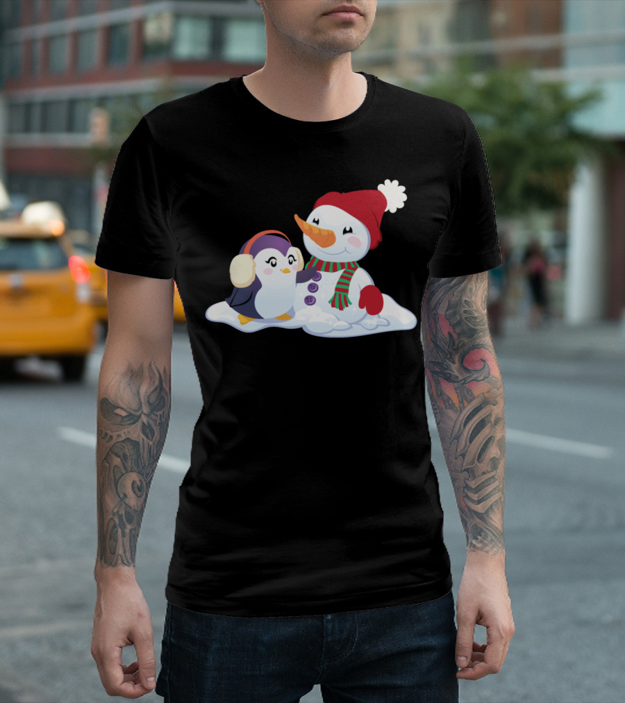 Penguin And Snowman Cozy Winter Companions In Snowy Scene T-Shirt