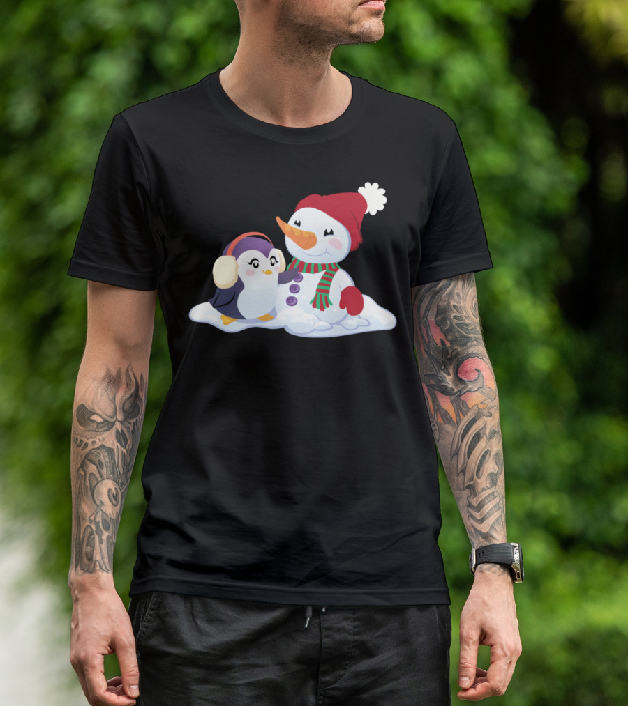 Penguin And Snowman Cozy Winter Companions In Snowy Scene T-Shirt