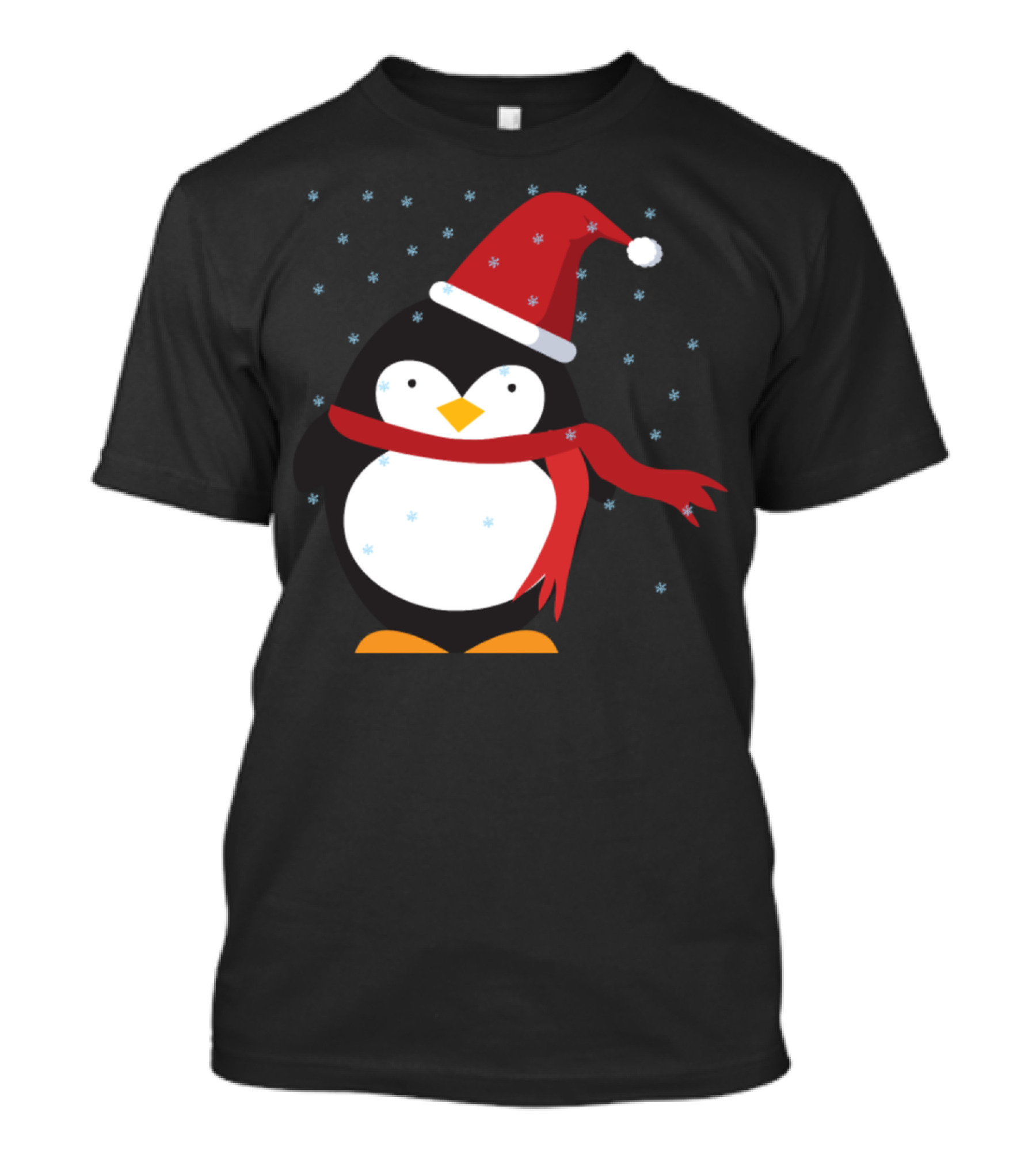 Penguin In Red Snow Hat And Scarf With Falling Snowflakes T-Shirt