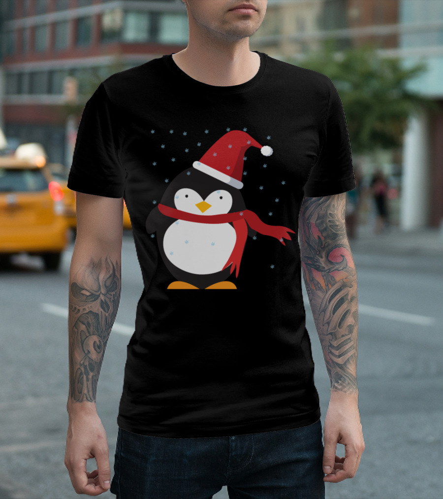 Penguin In Red Snow Hat And Scarf With Falling Snowflakes T-Shirt