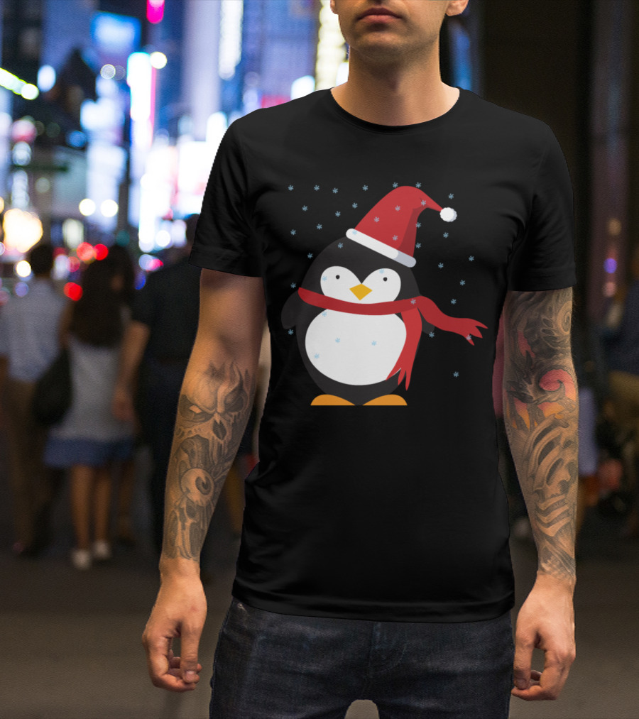 Penguin In Red Snow Hat And Scarf With Falling Snowflakes T-Shirt