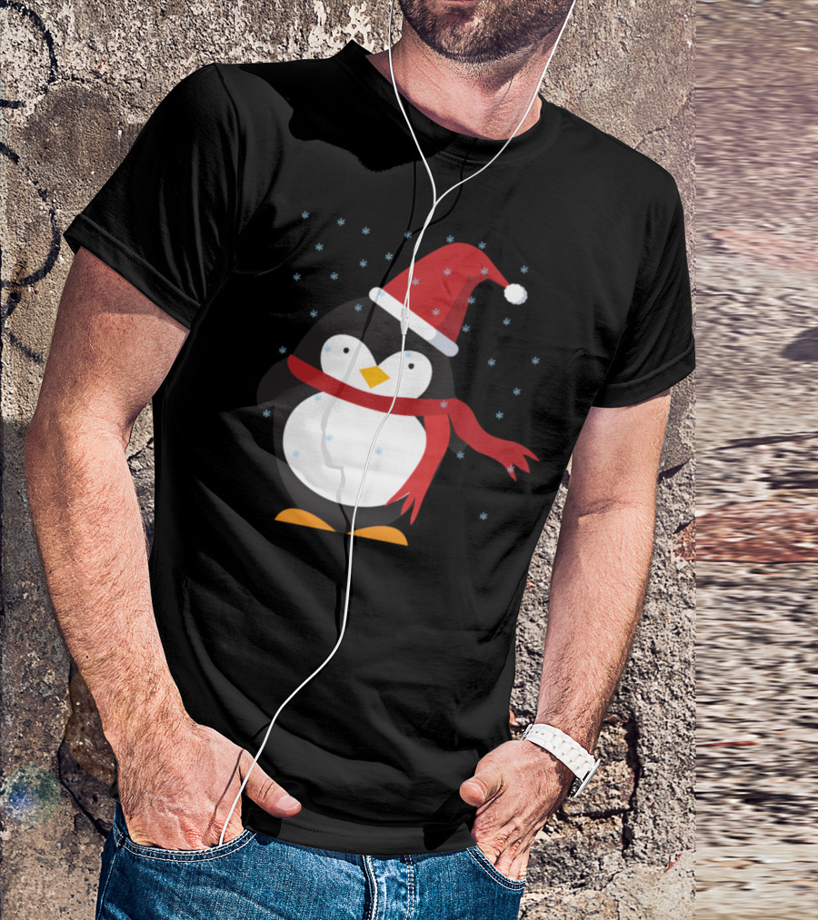 Penguin In Red Snow Hat And Scarf With Falling Snowflakes T-Shirt