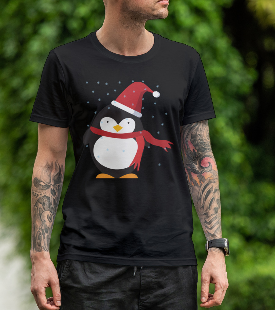 Penguin In Red Snow Hat And Scarf With Falling Snowflakes T-Shirt