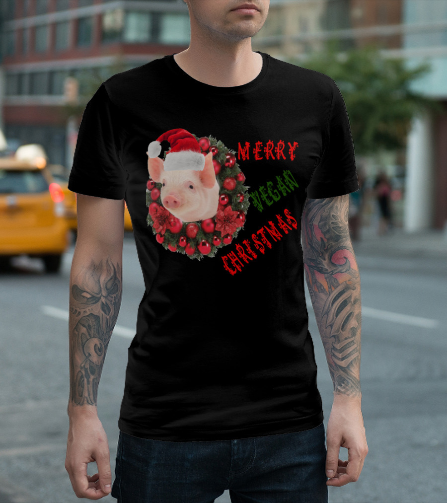Merry Vegan Christmas Pig with Santa Hat and Festive Wreath T-Shirt