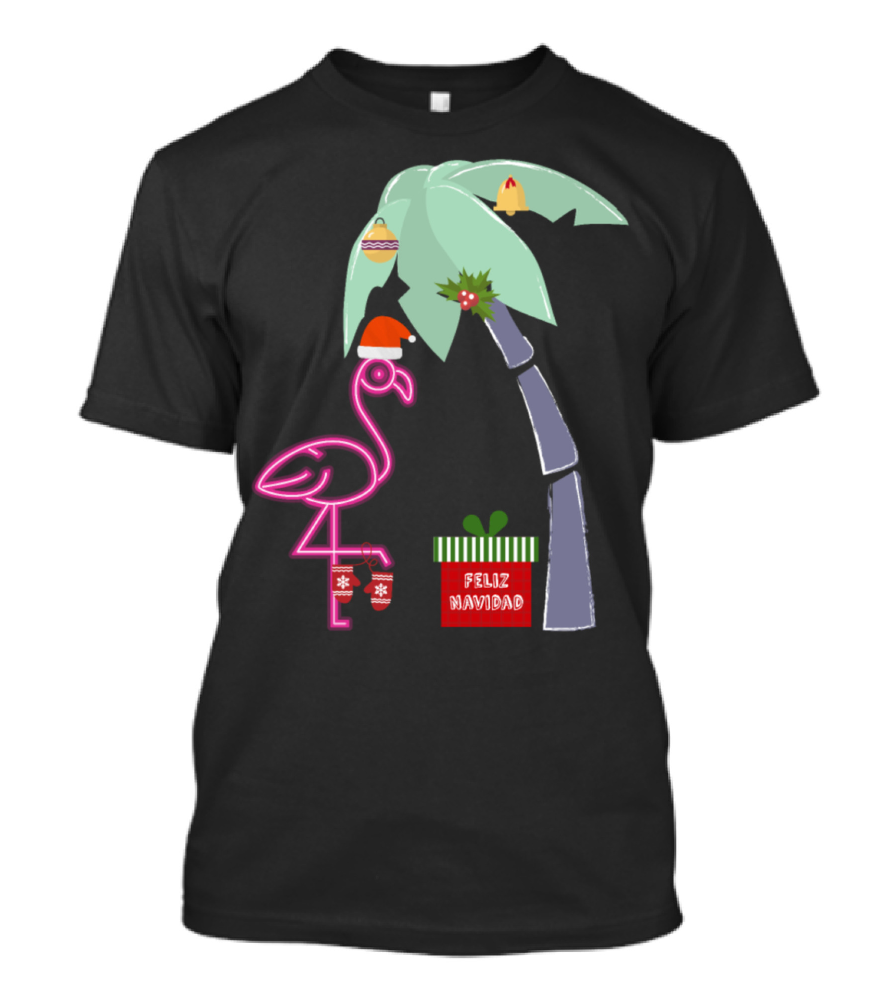 Feliz Navidad Pink Christmas Flamingo With Santa Hat And Holiday Palm Tree T-Shirt