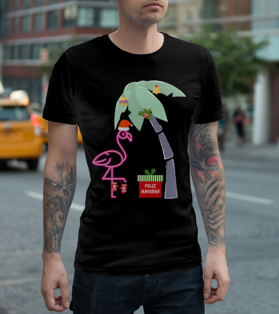 Feliz Navidad Pink Christmas Flamingo With Santa Hat And Holiday Palm Tree T-Shirt