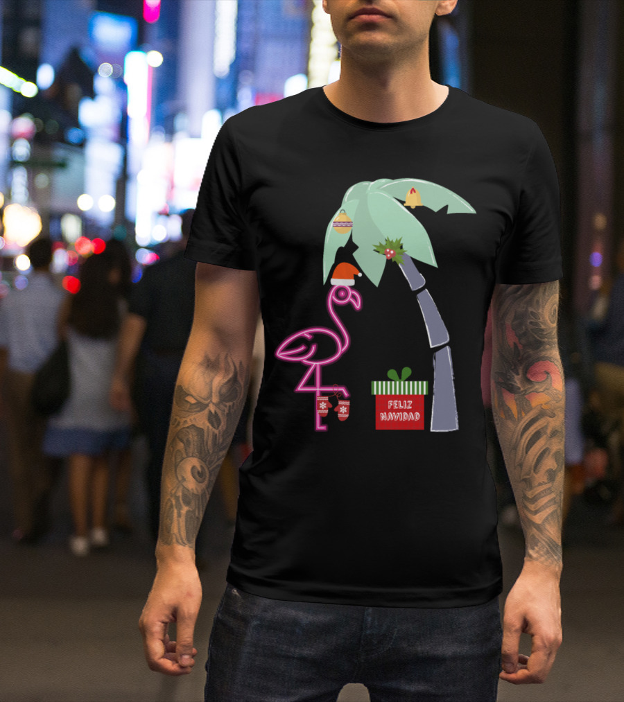 Feliz Navidad Pink Christmas Flamingo With Santa Hat And Holiday Palm Tree T-Shirt