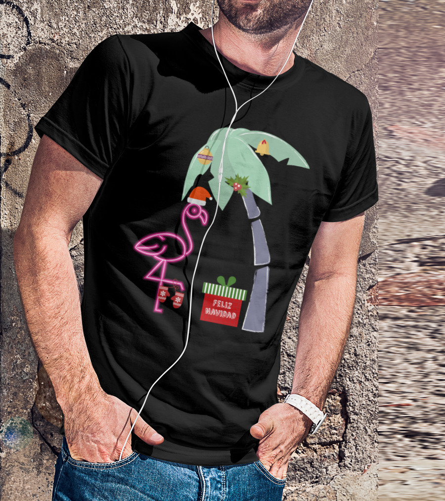 Feliz Navidad Pink Christmas Flamingo With Santa Hat And Holiday Palm Tree T-Shirt