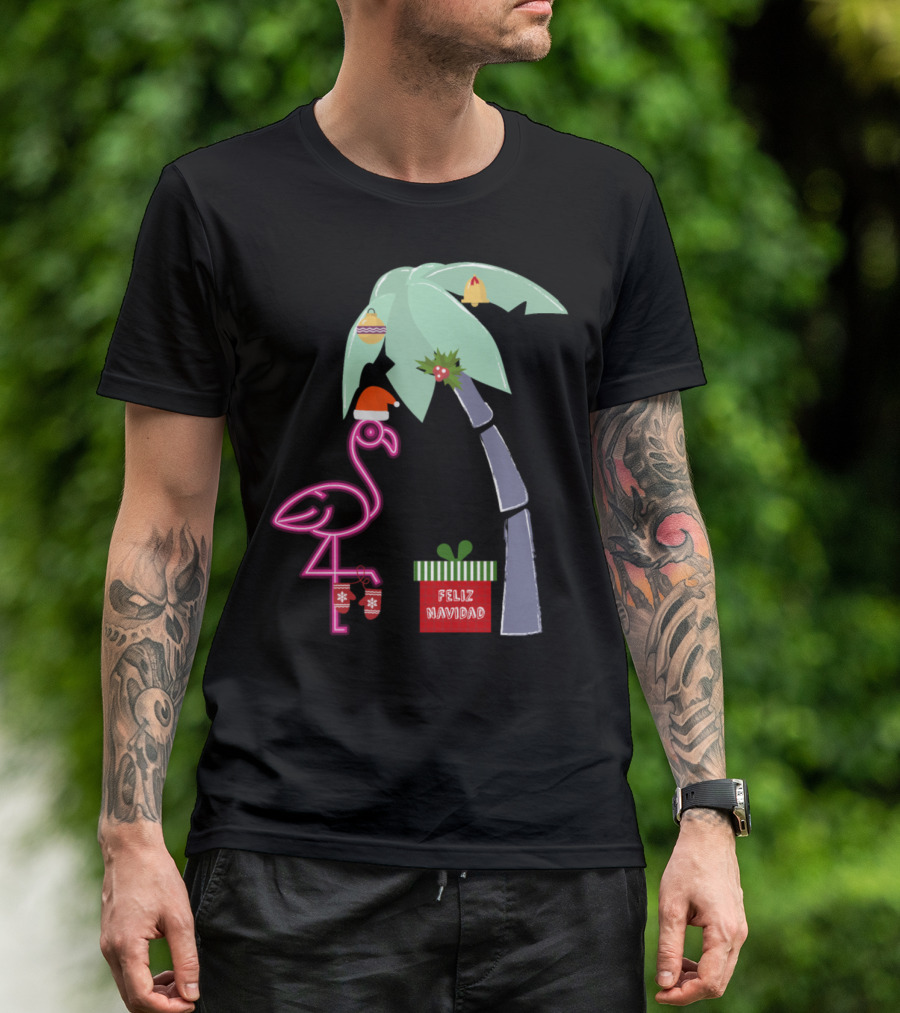 Feliz Navidad Pink Christmas Flamingo With Santa Hat And Holiday Palm Tree T-Shirt