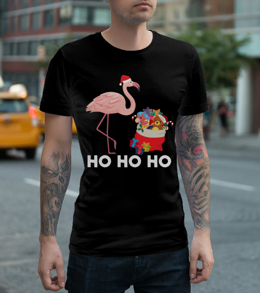 Pink Flamingo Santa Hat Ho Ho Ho Christmas Toys T-Shirt