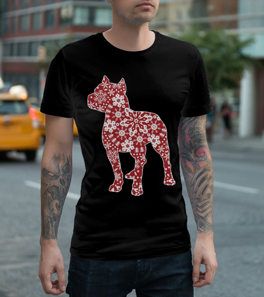 Pitbull Dog Silhouette with Christmas Snowflakes T-Shirt
