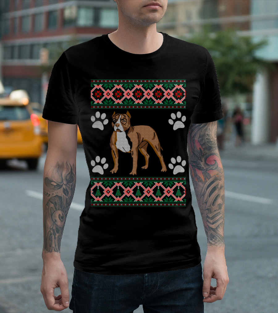 Pitbull Christmas Dog Paw Prints T-Shirt