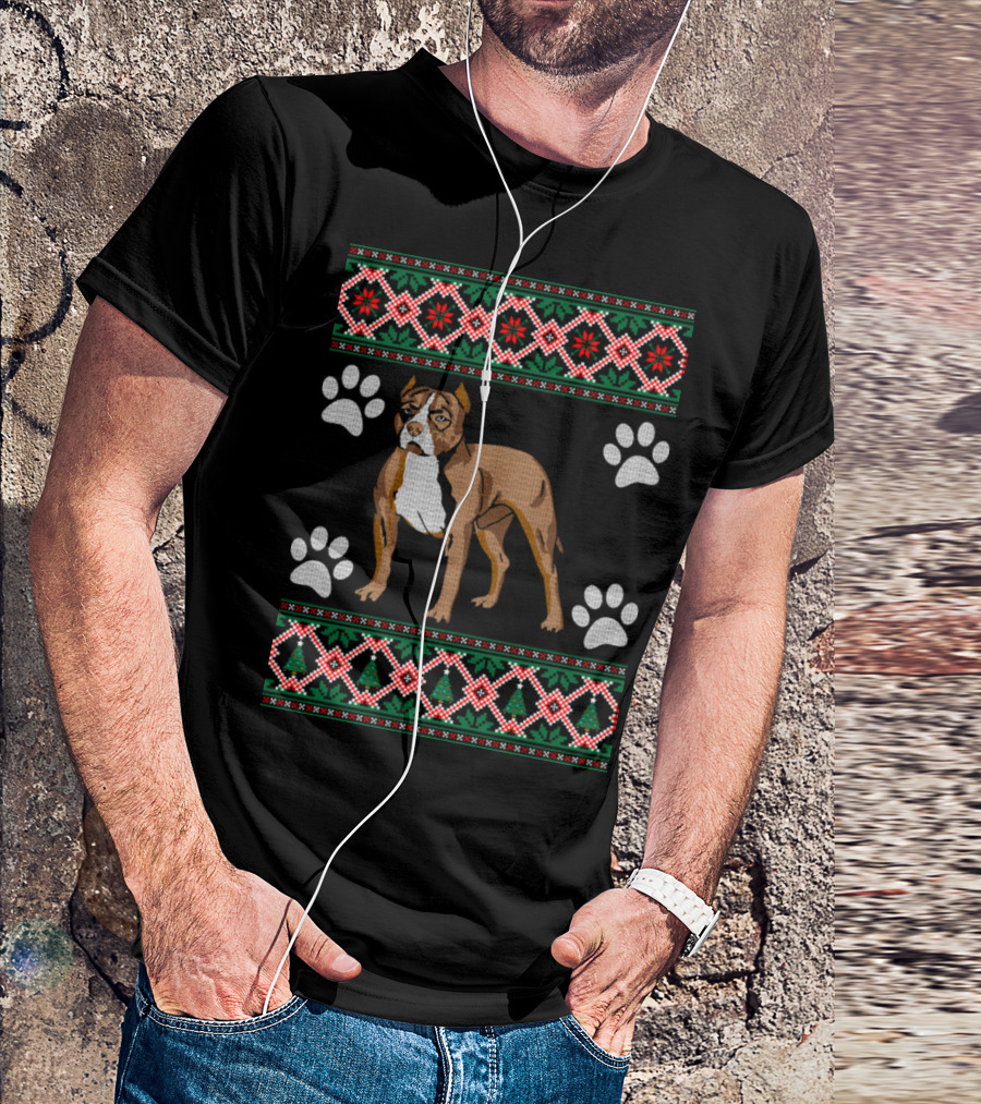 Pitbull Christmas Dog Paw Prints T-Shirt