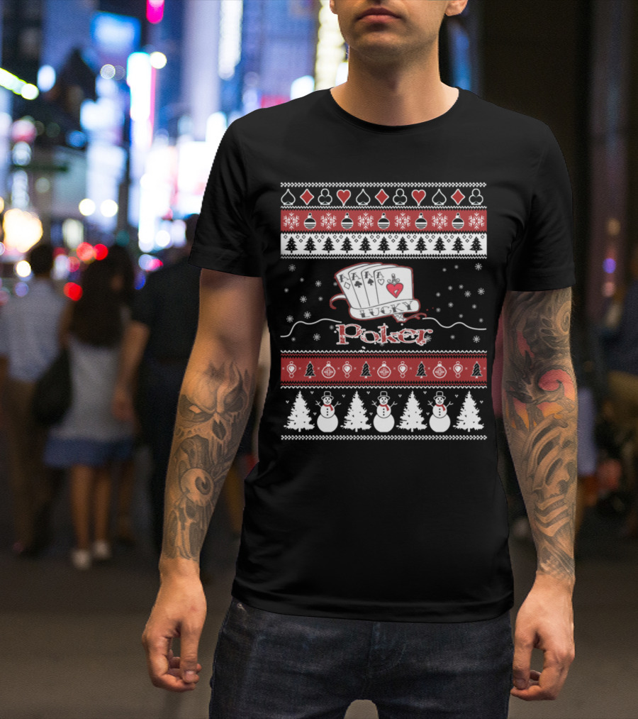 Lucky Poker Christmas Card Lovers Snowflakes Snowmen Trees T-Shirt