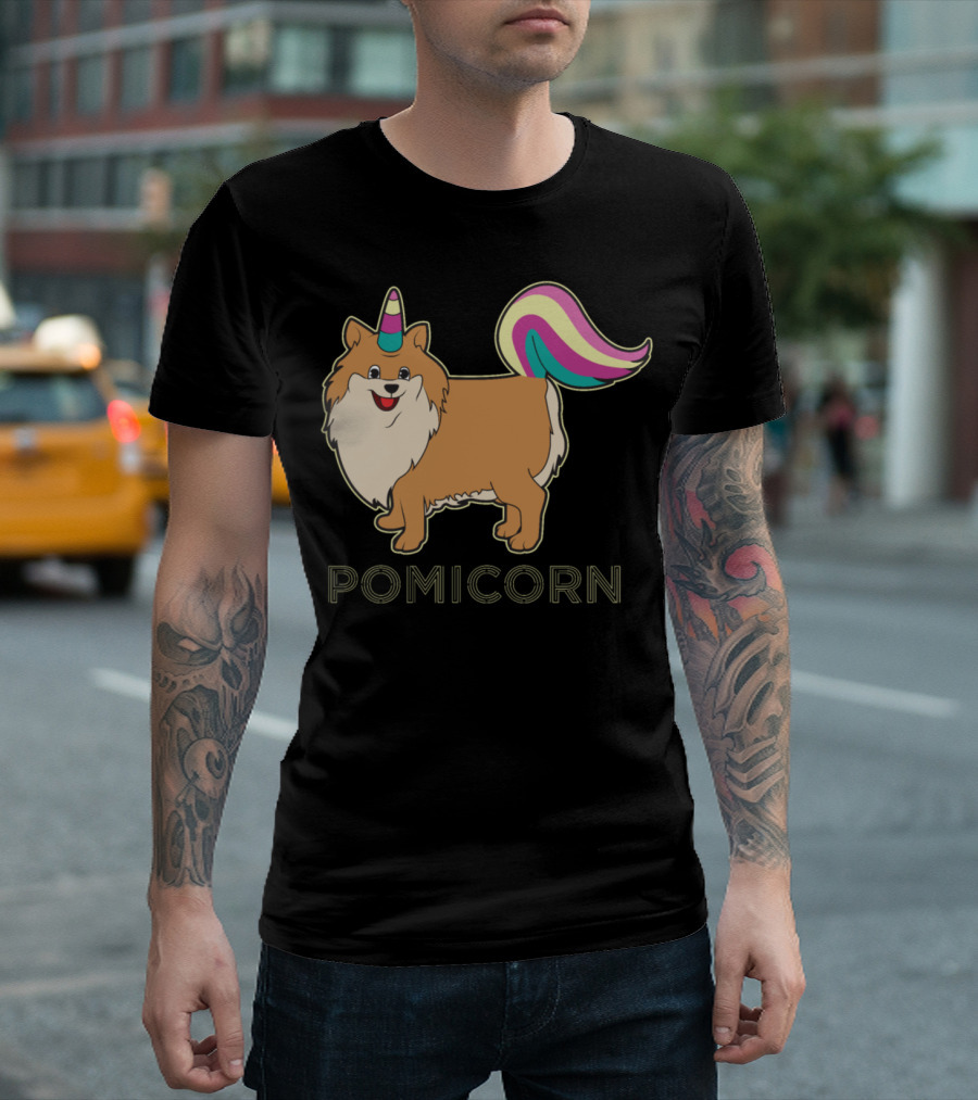 Pomicorn Fluffy Dog with Unicorn Horn and Rainbow Tail T-Shirt