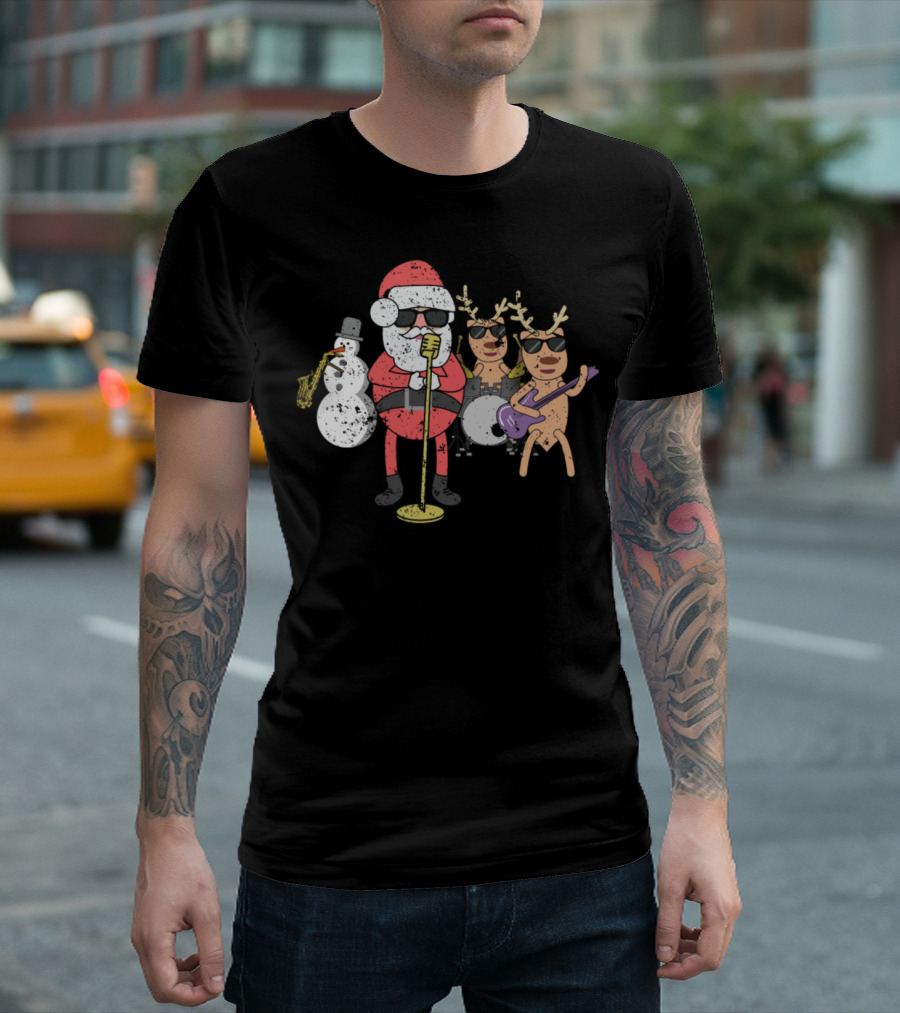 Santa and Friends Rock N Roll Christmas Band T-Shirt