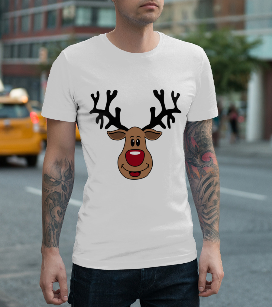 Rudolf Red-Nosed Reindeer Head with Antlers and Snowflakes T-Shirt