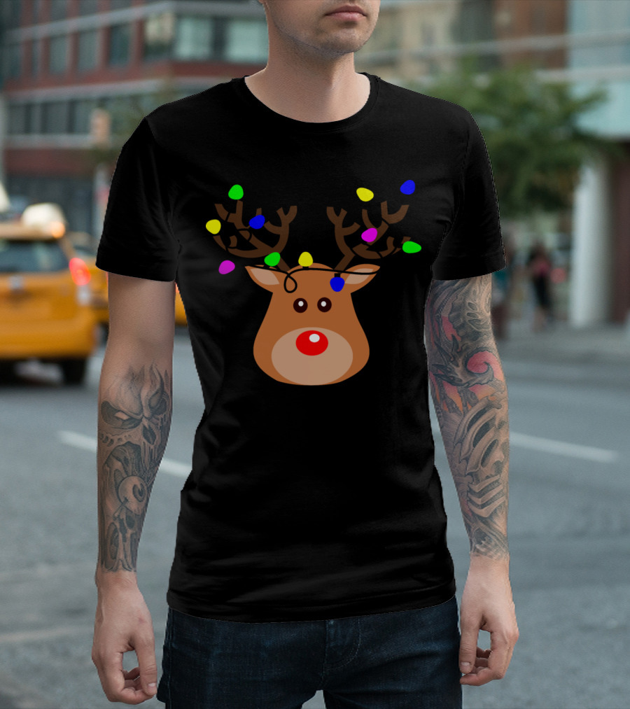 Rudolph with Multicolor Christmas Lights on Antlers T-Shirt