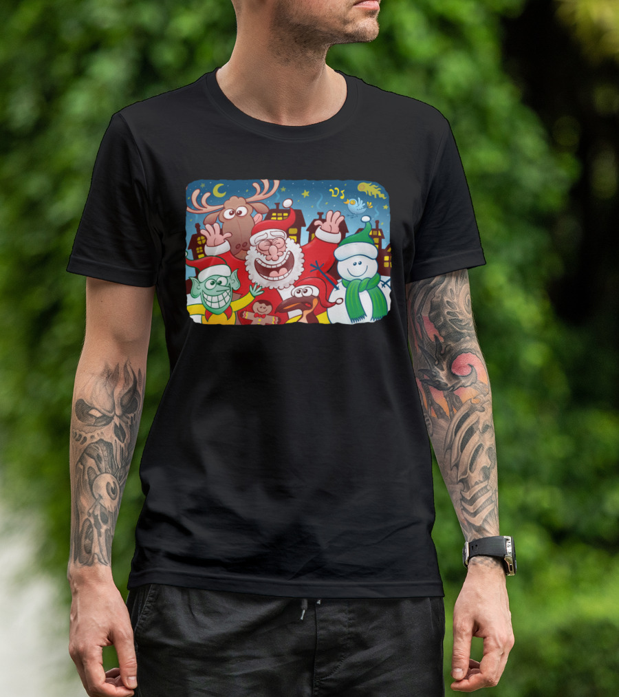 Santa Claus And Friends Holiday Celebration Under Night Sky T-Shirt