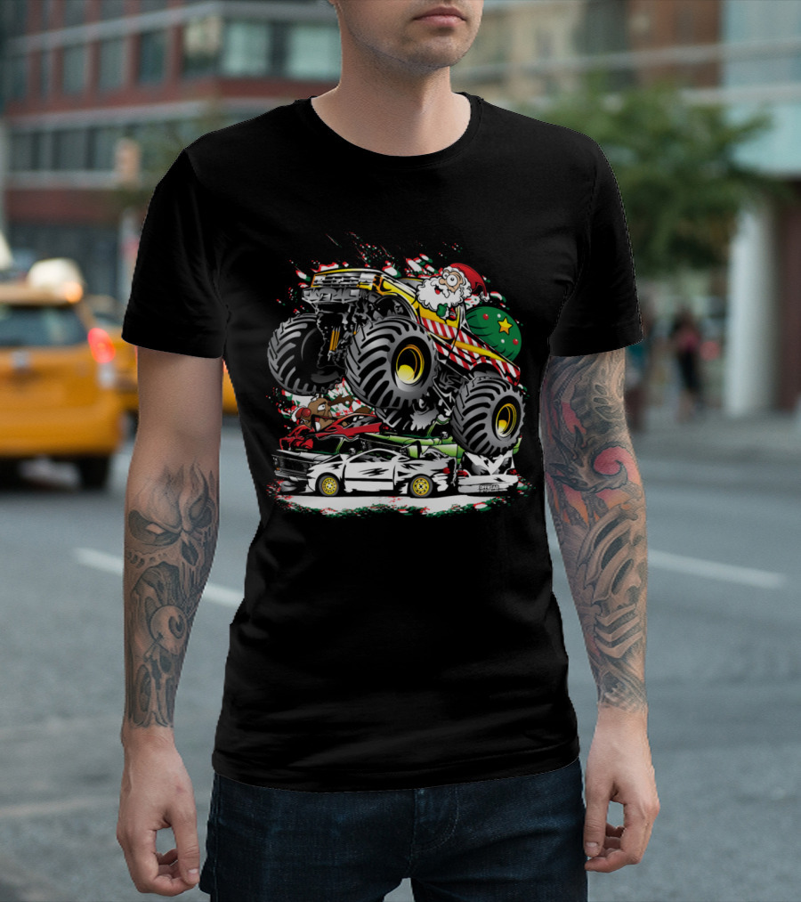 Santa Claus Driving Festive Monster Truck Crushing Cars T-Shirt