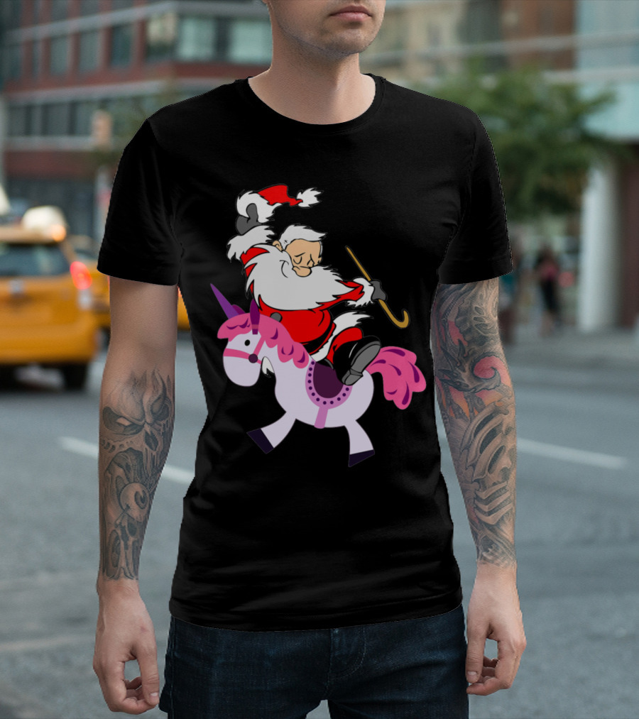 Santa Claus Riding a Pink Unicorn with Candy Cane Magic T-Shirt