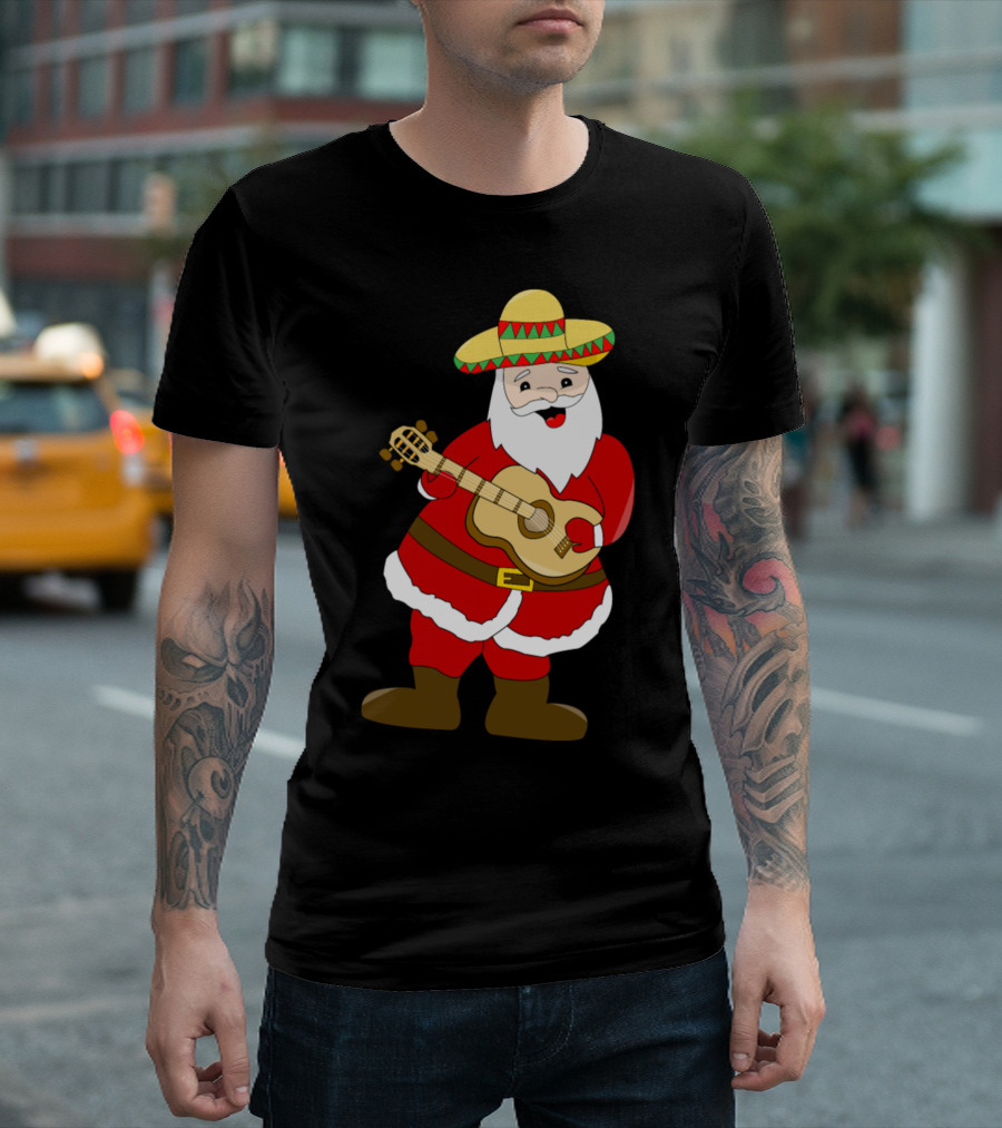 Santa Christmas Funny Mexican Sombrero Guitar T-Shirt