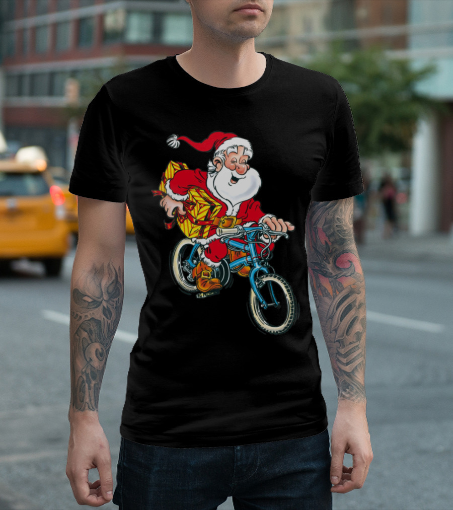 Santa Claus Riding Bicycle With Gift Sack T-Shirt