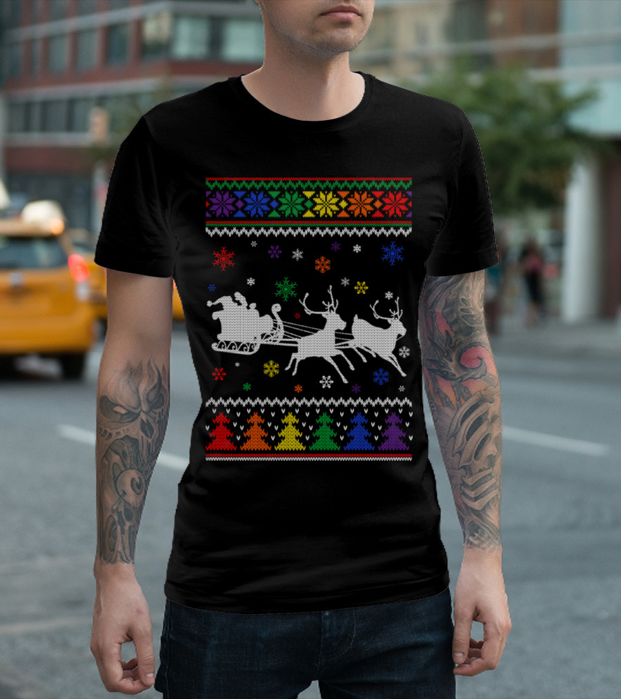 Santa Sleigh Reindeer Rainbow Ugly Christmas T-Shirt
