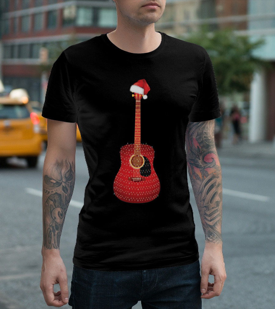 Santa Hat Acoustic Guitar Holiday T-Shirt