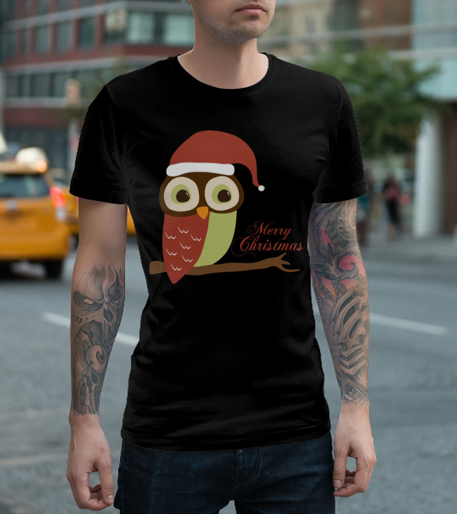 Merry Christmas Owl with Santa Hat T-Shirt