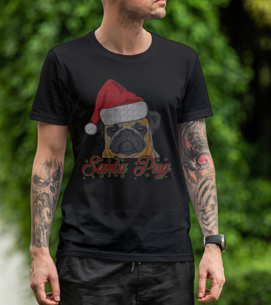 Santa Pug Christmas Hat Holiday T-Shirt