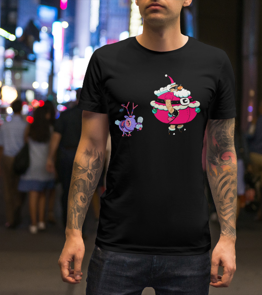 Santa Walking Funky Purple Reindeer T-Shirt