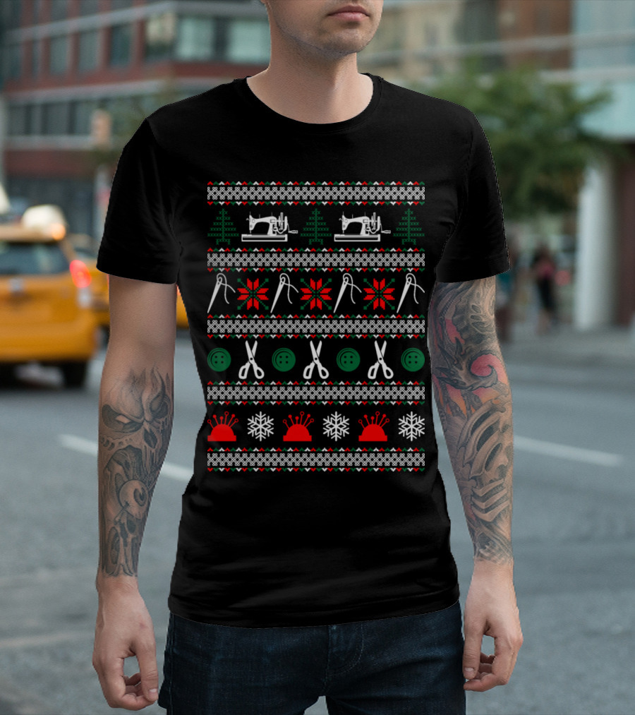 Sewing Ugly Christmas Sweater With Scissors And Sewing Machine T-Shirt